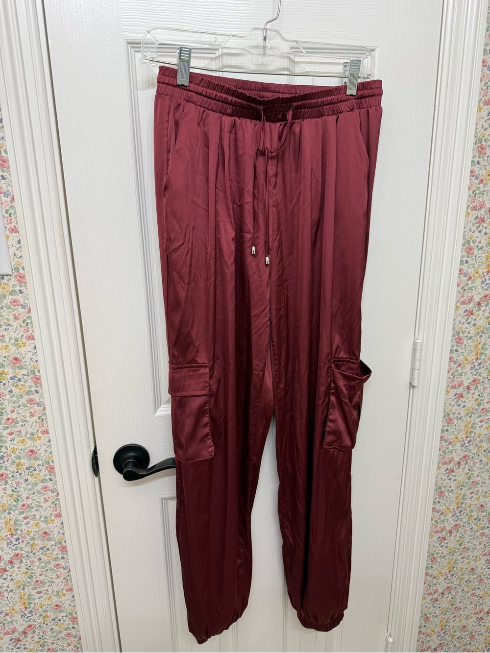 Women’s Burgundy Cargo Track Joggers with Drawstring Waist